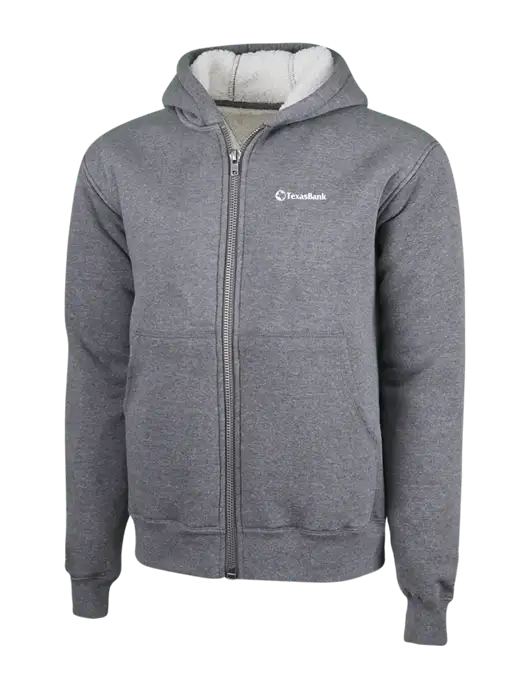 Cornerstone Grey Heather Heavyweight Sherpa Lined Hooded Fleece Jacket w/TexasBank Logo