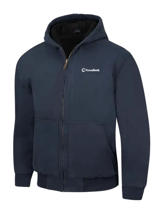 CornerStone Navy Washed Duck Cloth Insulated Hooded Work Jacket w/TexasBank Logo