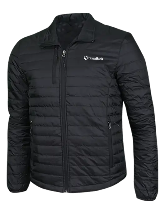 Deep Black Puffy Packable Jacket w/TexasBank Logo