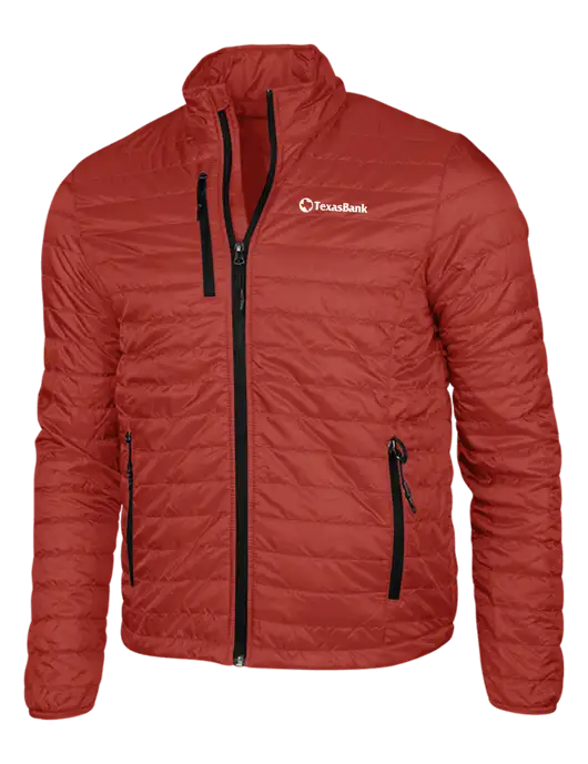 Dark Red Puffy Packable Jacket w/TexasBank Logo