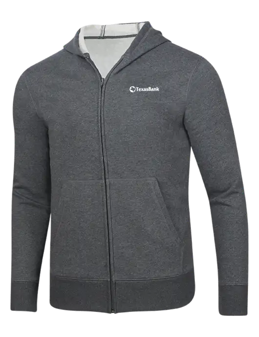 Full-Zip Dark Grey Heather Heavyweight Hooded Sweatshirt w/TexasBank Logo