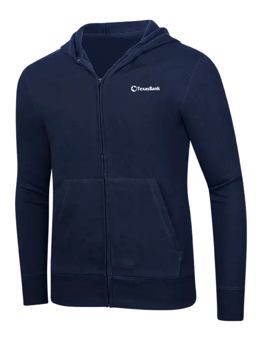 Full-Zip Navy Heavyweight Hooded Sweatshirt w/TexasBank Logo