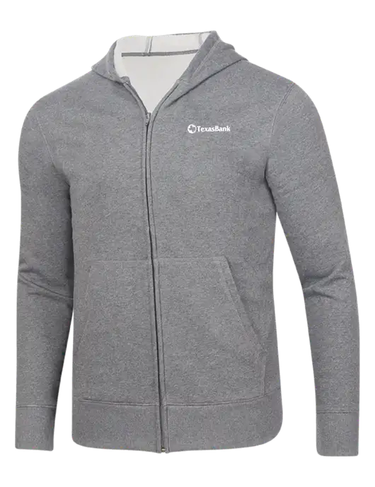 Full-Zip Medium Grey Heather Heavyweight Hooded Sweatshirt w/TexasBank Logo