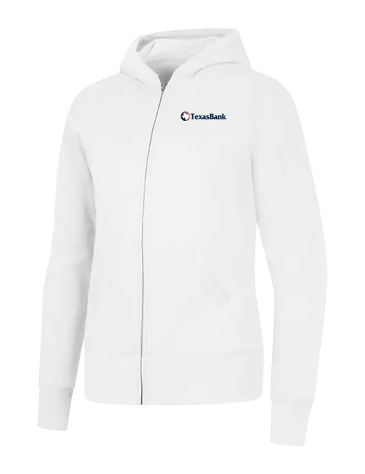White Womens Core Fleece Full-Zip Hooded Sweatshirt w/TexasBank Logo