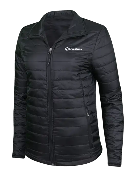 Womens Black Puffy Packable Jacket w/TexasBank Logo